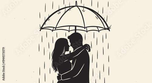 A romantic silhouette depicts a loving couple embracing intimately under an umbrella, finding shelter and comfort together amidst falling rain.