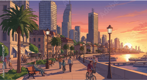 Vibrant Cityscape at Sunset: People Enjoying a Waterfront Promenade
