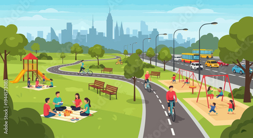 City Park Life: Families Enjoying Recreation, Cycling, and Picnics with Skyline View