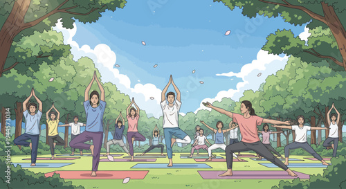Diverse group practicing yoga outdoors in a park, enjoying nature and wellness