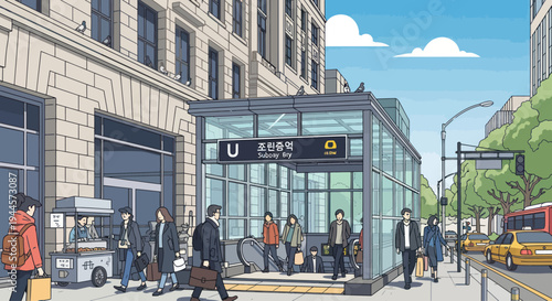 City Subway Entrance with People and Traffic - Urban Illustration
