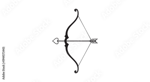 Black bow and arrow, heart shaped arrowhead, drawn bowstring, hunting equipment, symbol of strength