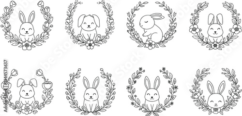 Cute bunny line art character set inside floral wreaths featuring spring flowers and leaves in a minimalist boho style for wedding invitations and nursery decor.