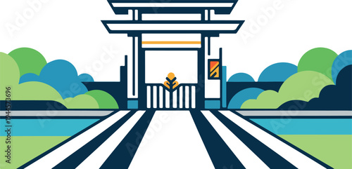 Vector illustration of a Japanese gate with road and trees