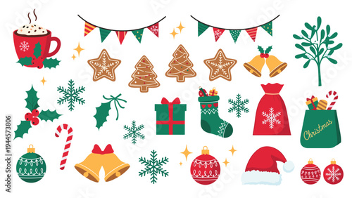 Large collection of christmas icons including ornaments gifts cookies and holly for holiday season branding and design projects.