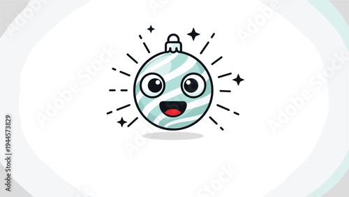 Cute striped christmas bauble with a happy face and glowing rays for festive holiday season decorations and greeting cards.
