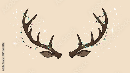 Deer antlers decorated with colorful christmas fairy lights and twinkling stars for rustic holiday and winter season themes.
