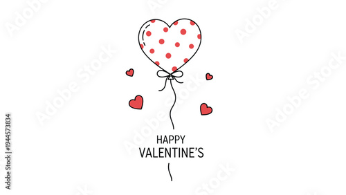 Polka dot heart shaped balloon with smaller hearts and happy valentines day text for romantic celebration and greeting designs.