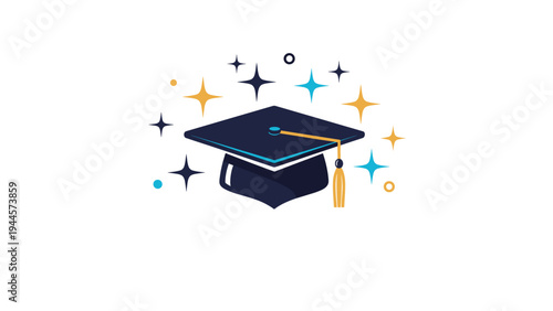 Graduation mortarboard cap with a golden tassel and sparkling stars illustration for academic achievement and commencement themes.