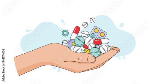 Human hand holds a large pile of various colorful medical pills and capsules representing healthcare and medicine.