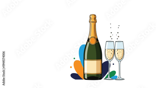 Champagne bottle and two filled glasses sit against a colorful abstract background for a festive celebration.