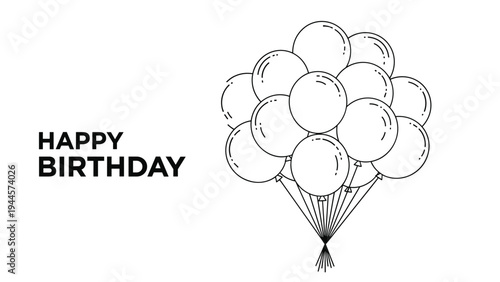 Happy birthday greeting is written next to a large bunch of balloons shown in a simple black and white outline.