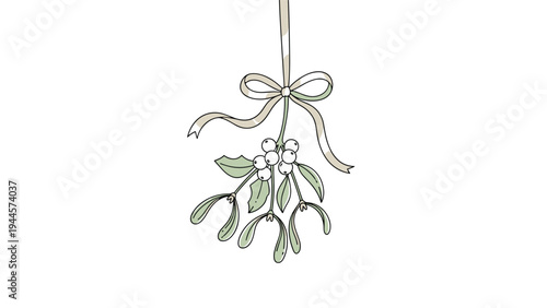 Branch of mistletoe with white berries is tied with a delicate bow and hangs from a string for holiday decor.
