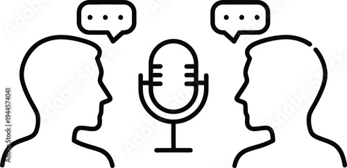 Two people talking through a microphone