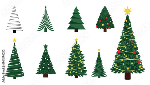 Collection of different Christmas tree styles ranging from simple outlines to fully decorated versions.