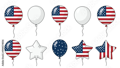 Set of party balloons decorated with patterns of the American flag including stars and stripes for celebrations.