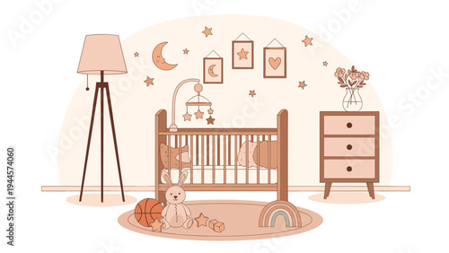 Cozy nursery room in neutral tones includes a baby crib, floor lamp, dresser, and various celestial wall decals.