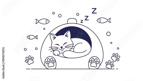 Cute cat sleeps soundly in a dome shaped bed surrounded by fish illustrations and paw prints on a white base.