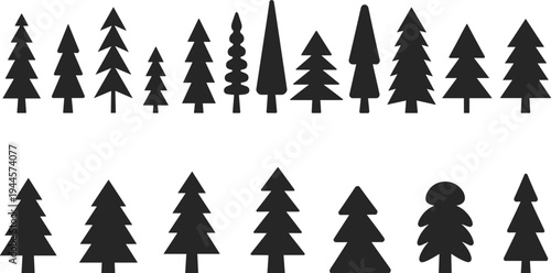 Various black silhouettes of trees and pinecones arranged in two rows on a white background 1