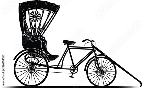 Traditional cycle rickshaw silhouette illustration, three wheeled passenger transport vector design, cultural heritage icon, vintage Asian vehicle isolated black and white graphic art