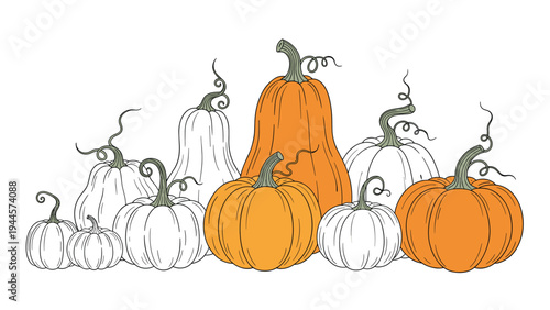 Group of pumpkins in various shades of orange and white are huddled together for an autumn themed display.