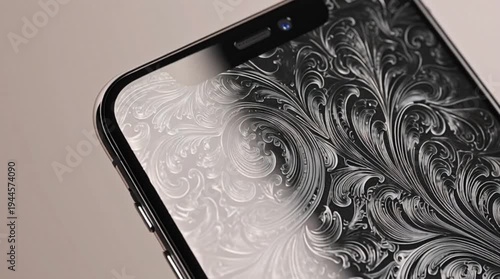 Black smartphone with ornate baroque pattern design on white background minimalist tech style
