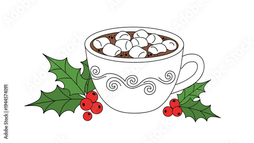 Cup of hot chocolate topped with marshmallows is surrounded by green holly leaves and red berries for winter.