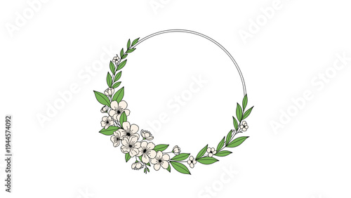 Circular floral wreath features delicate white blossoms and green leaves on a clean white background for design.