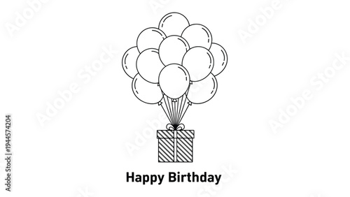 Gift box wrapped with a bow hangs from a large bundle of balloons with a happy birthday message underneath.