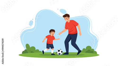 Father and his young son play soccer together on a green field in a park with a blue sky background and bushes.