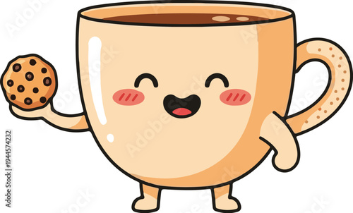 A cartoon coffee mug with a cookie and a happy face