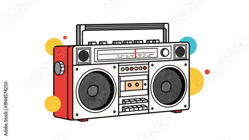 Retro boombox radio illustration with dual speakers and colorful background shapes for eighties music and vintage audio concepts.