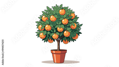Orange tree with ripe fruits in a terracotta pot pixel art illustration for agricultural design and organic food concepts.