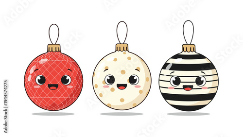 Set of three cute christmas ornaments with happy faces and diverse patterns for holiday season decorations and greeting cards.