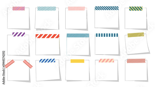 Collection of blank white sticky notes attached with colorful patterned washi tape for office organization and reminder concepts.