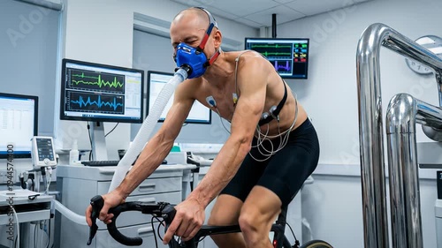 Athletic male cyclist with an oxygen mask and electrodes connected to his chest performing a cardiopulmonary exercise test on a stationary bike to measure his physical performance and endurance