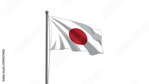 National flag of japan waving on a silver flagpole against a white background for patriotic and international travel themes.
