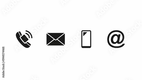 Minimalist black glyphs for business contact details ringing phone, mail envelope, smartphone, and at symbol for digital communication