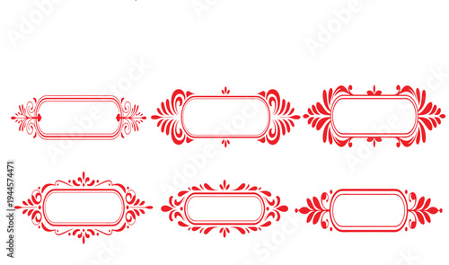 Red vintage ornate rectangular frames with floral designs on white background