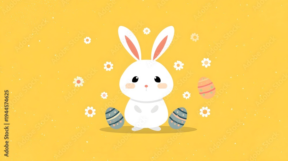 Fototapeta premium Adorable Flat Cartoon Easter Bunny Illustration: Cute White Rabbit with Patterned Eggs and Daisy Flowers on a Vibrant Yellow Background.