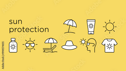 Comprehensive Set of Sun Protection Icons Skincare, Beach Essentials, and UV Safety for Summer Adventures
