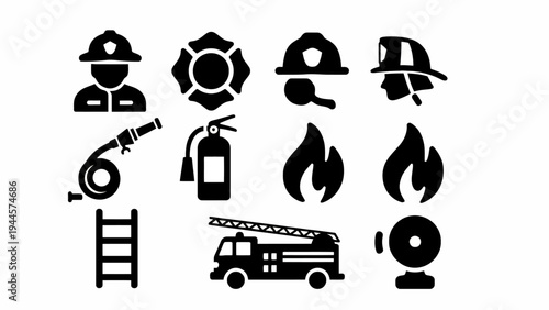 Comprehensive set of essential firefighting and emergency service icons, featuring tools, personnel, and safety symbols for graphic design
