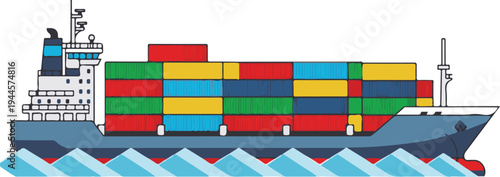 A colorful cargo ship sailing across the ocean with containers on board