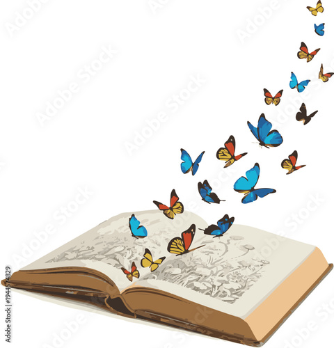 A magical open book with colorful butterflies flying out of it