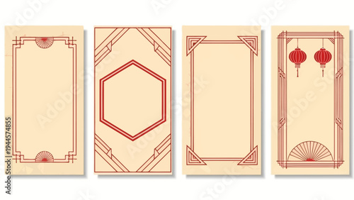 Set of elegant vintage-style decorative frames and borders with classic geometric patterns and Asian-inspired accents, ideal for invitations and certificates