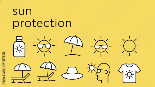 Sun protection icons and symbols, including sun cream, umbrella, sunglasses, hat, and t-shirt