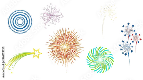 Diverse collection of abstract firework bursts and dynamic light effects, perfect for festive celebrations and joyous event designs