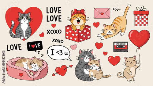 Charming Valentine's Day Cat Illustrations Adorable Feline Characters Expressing Love, Affection, and Sweet Romance in a Whimsical Collection