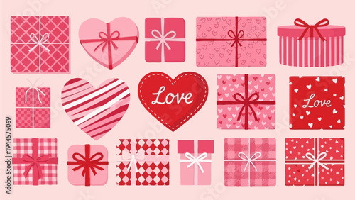 Collection of Valentine's Day gift boxes and heart shapes in pink and red hues