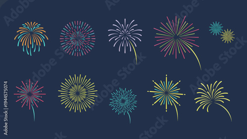 Collection of colorful firework bursts on dark background
